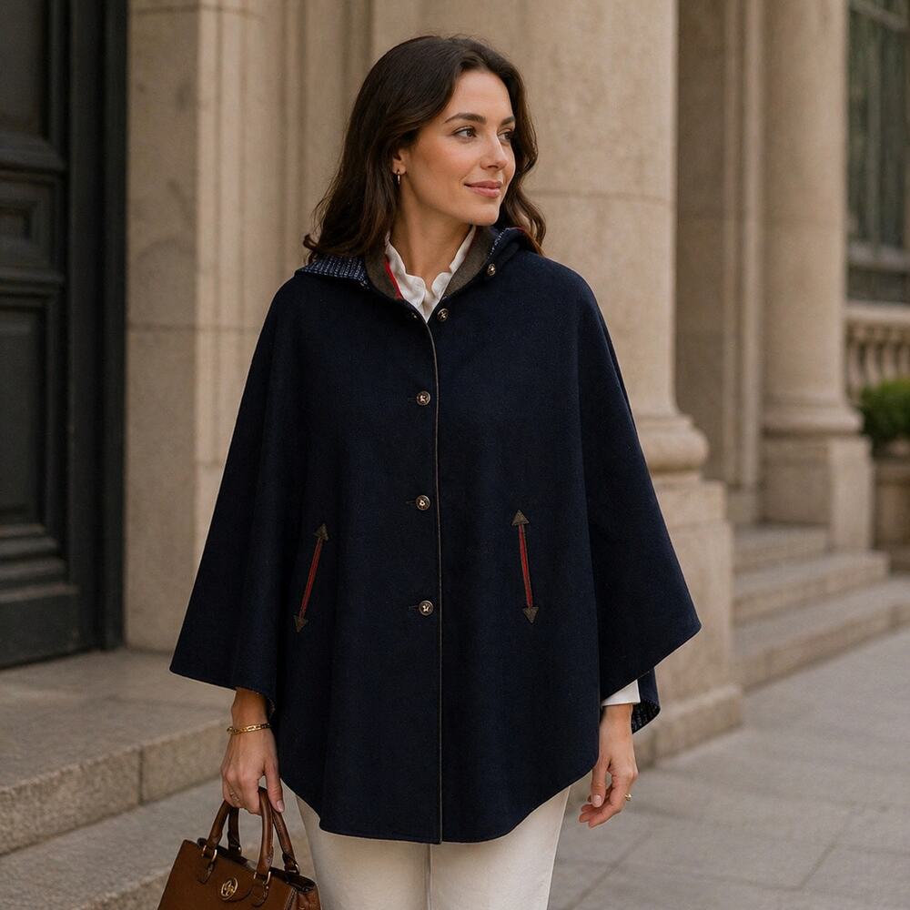 Vintage Tyroler-Loden Austrian Wool Hooded Lined Cape Poncho Navy Blue Size 12